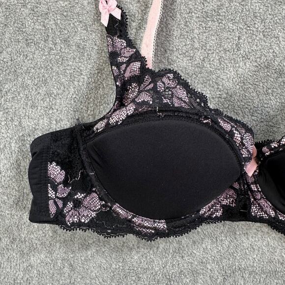 Adore Me Underwire Balconette Bra Sz 34B Black/Pink Lace Padded - Picture 2 of 7